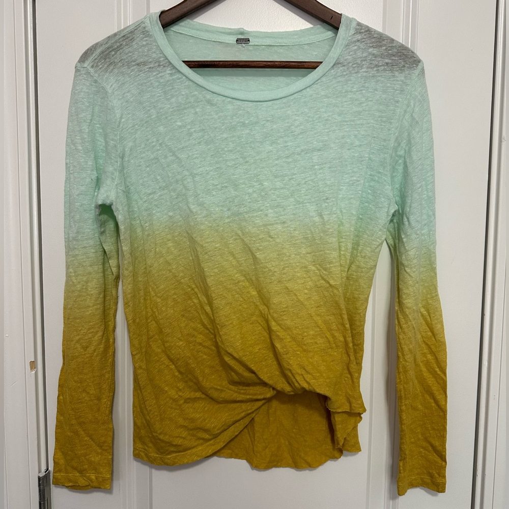 NWOT Young Fabulous & Broke XS Linen Shirt Ombre Blue Yellow Long Sleeve Tuck